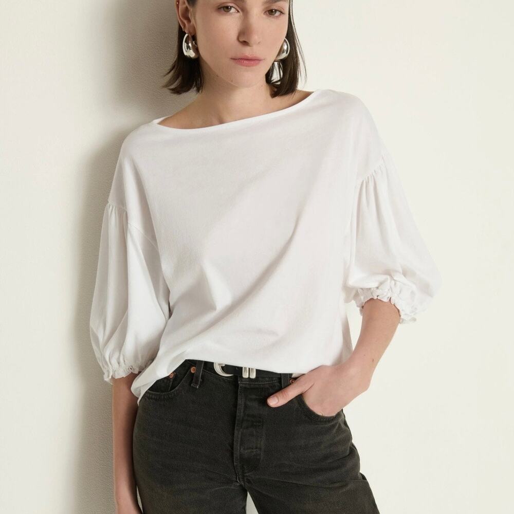 Nation LTD White Drop Shoulder Puff Sleeve Organic Cotton Sandra Boatneck Top XS